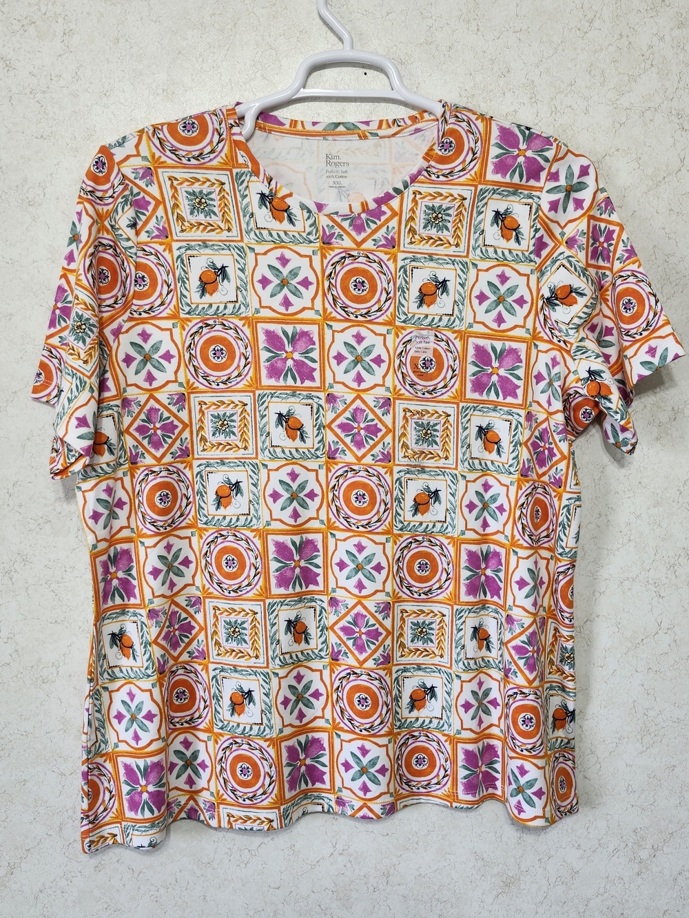 Ladies XXL Geometric Tile Short Sleeve Tee Citrus Floral Colorful Vacay Casual